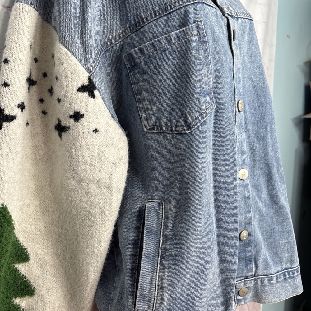 Nora Madison Jean Jacket Women's Oversized Denim Sherpa Knit Sleeves Boho XL - Picture 7 of 16